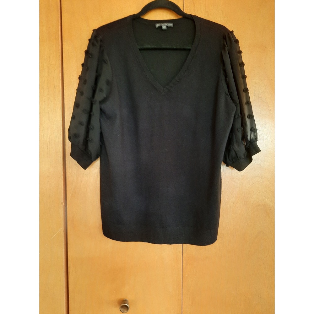 Adrianna Papell Womens Black V-Neck Knit Top Sheer Clip Dot Puff Sleeve Large